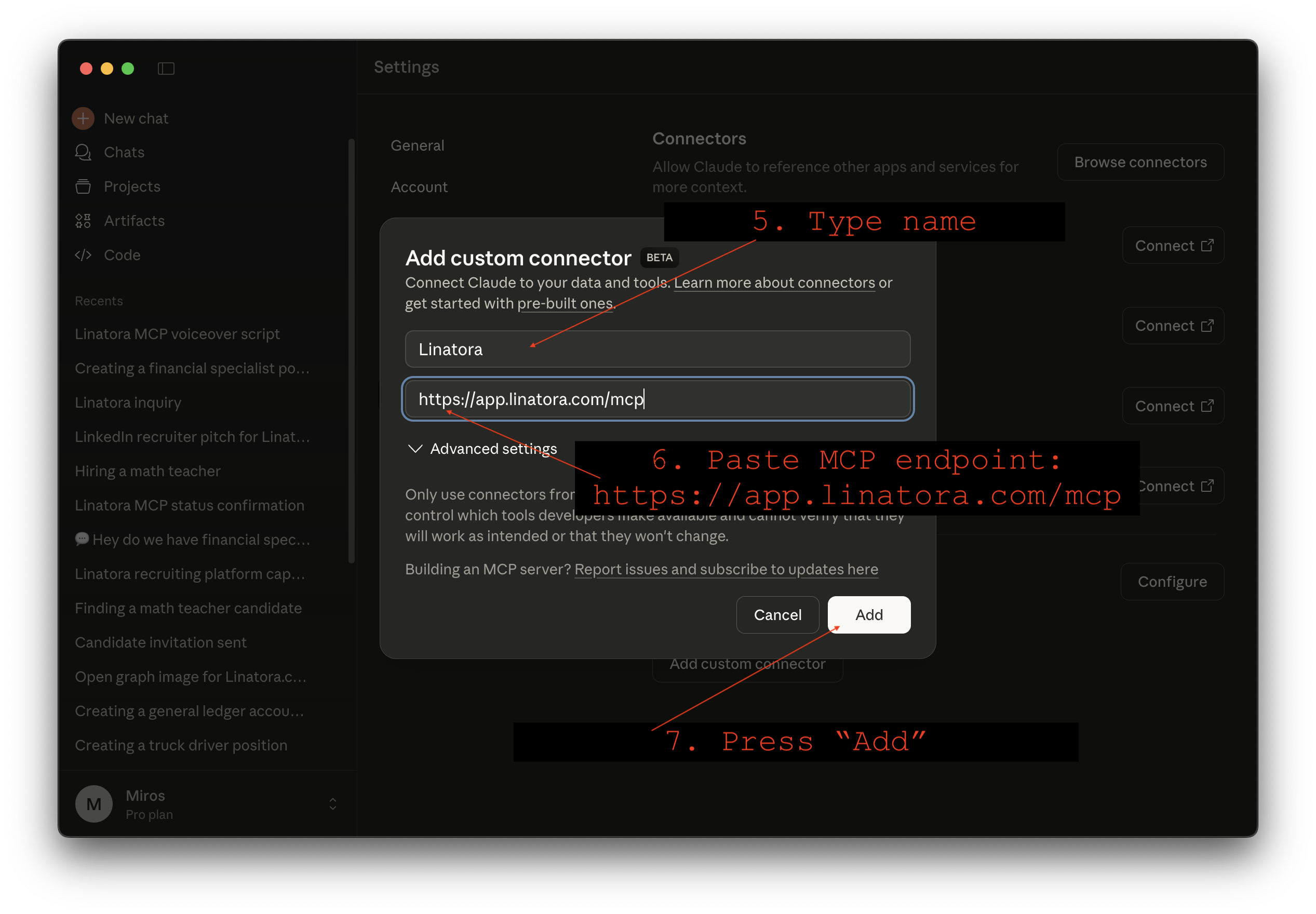 Enter Linatora name and MCP endpoint URL