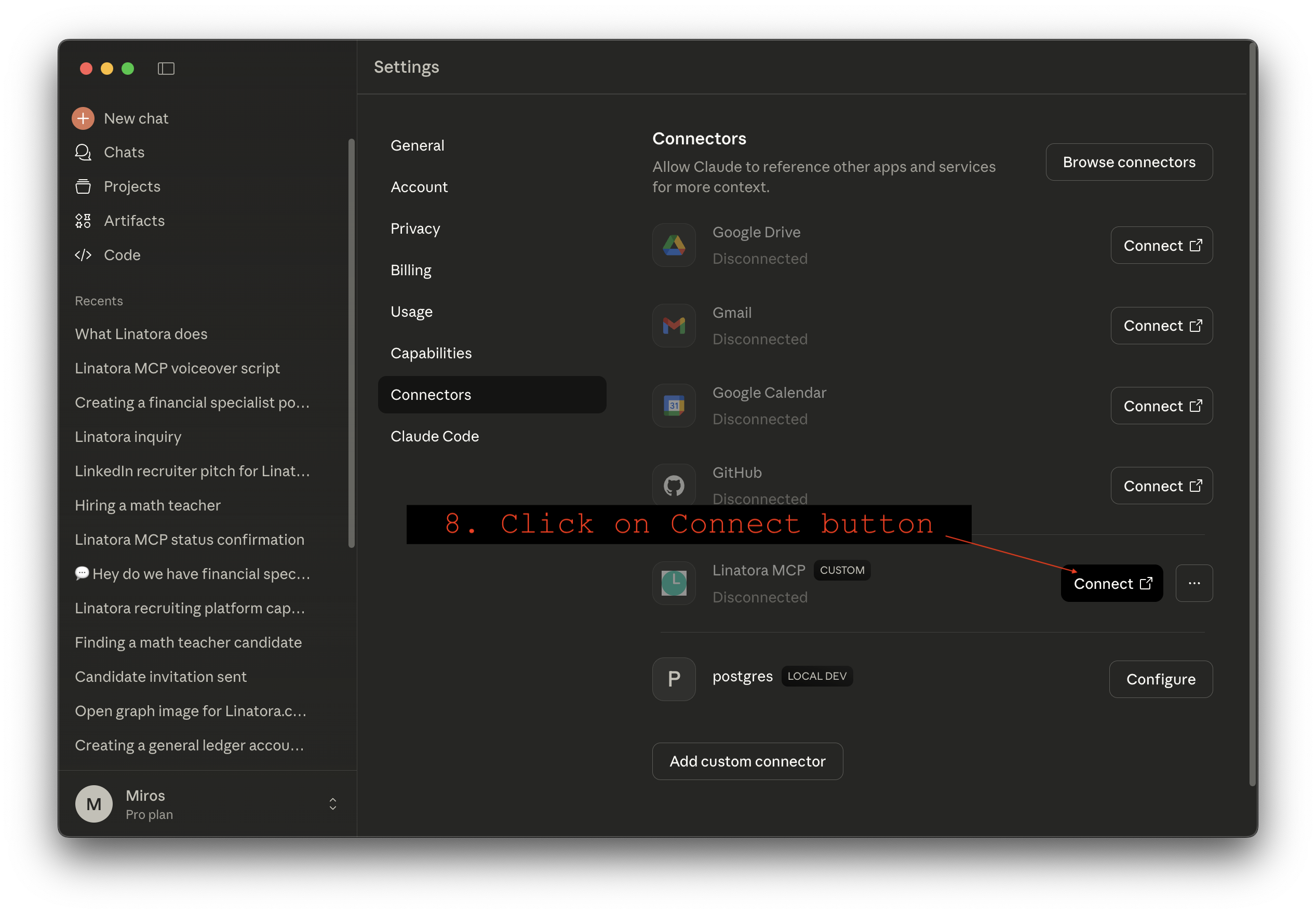 Click Connect button for Linatora MCP