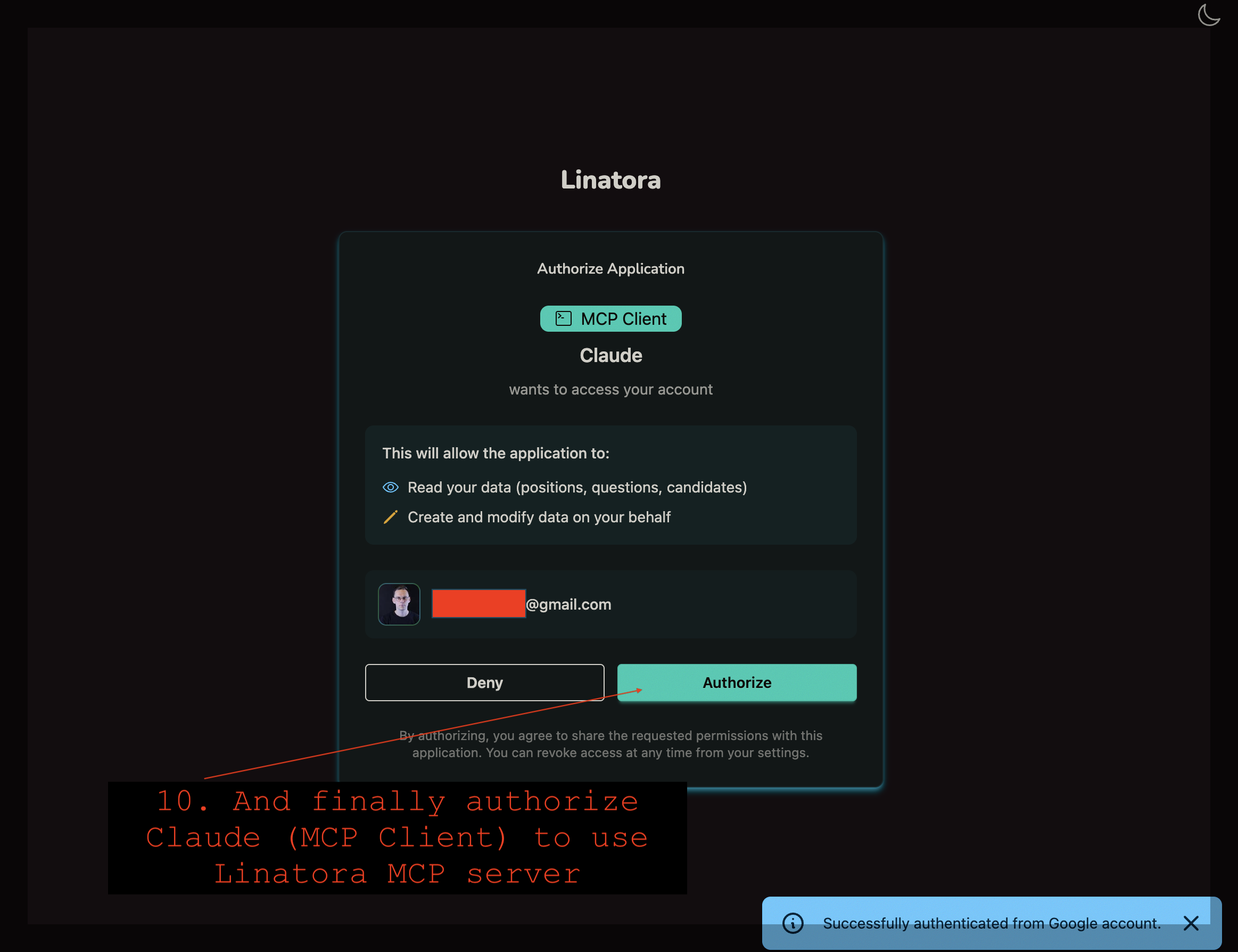 Authorize Claude to access Linatora